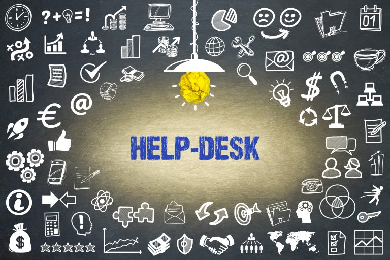 it help desk written in blue font with many logos surrounding it
